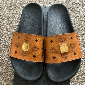 MCM Tan and Black Logo Slide Sandals